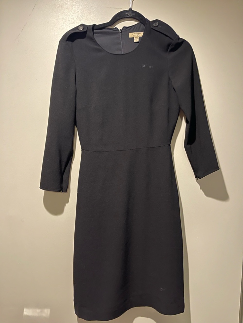 Burberry 3/4 Sleeve Black Sheath Dress with Shoulder Detail -